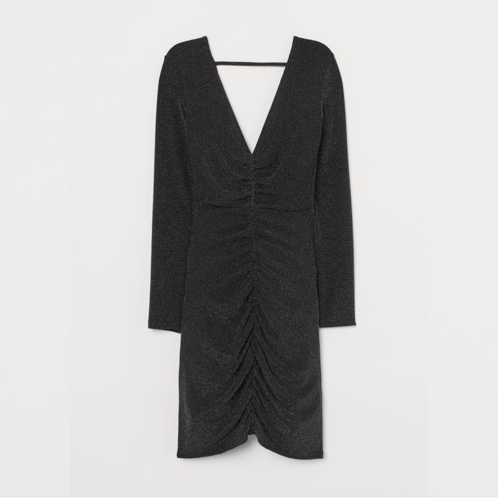 Black Glittery V Neck Dress with Back Cutout